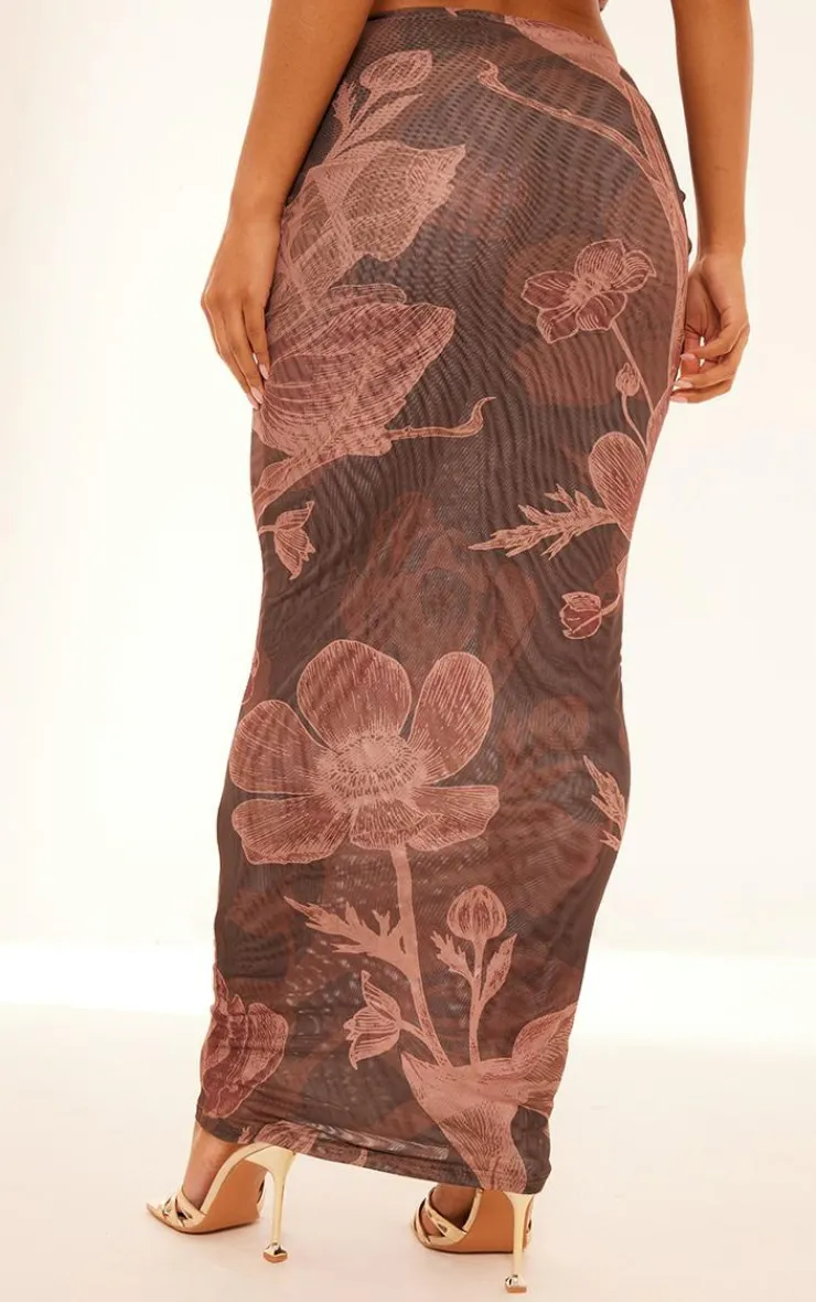 Sale PrettyLittleThing Floral Printed Ruched Maxi Skirt Brown