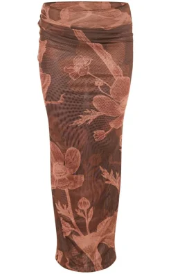 Sale PrettyLittleThing Floral Printed Ruched Maxi Skirt Brown