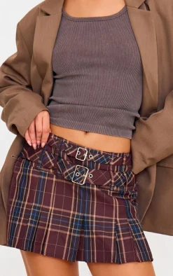 Brown Gingham Double Buckle Pleated Mini Skirt