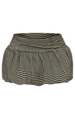 Brown Gingham Print Crepe Puffball Mini Skirt