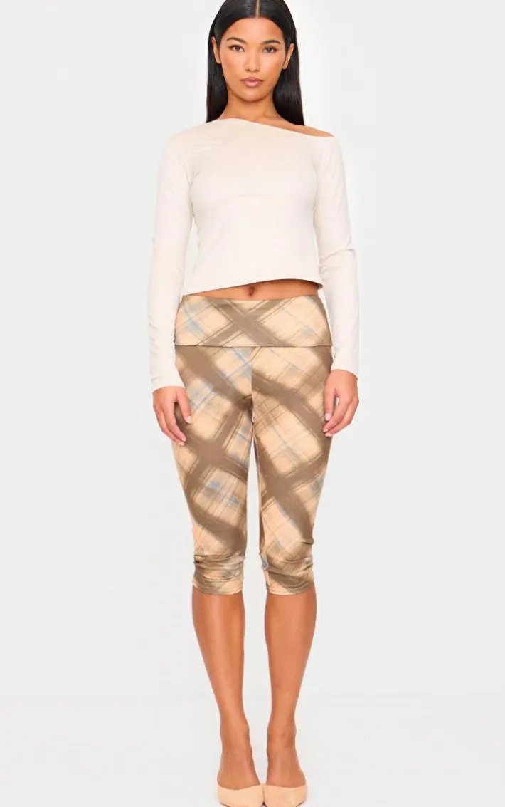 Brown Gingham Print Jersey Capris