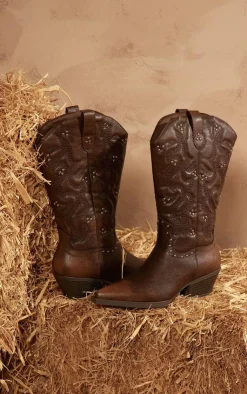 PrettyLittleThing Knee High Boots*Grain PU Point Toe Stud Detail Knee Calf High Western Boots
