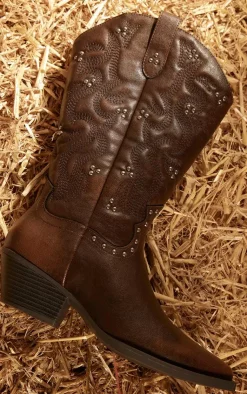 PrettyLittleThing Knee High Boots*Grain PU Point Toe Stud Detail Knee Calf High Western Boots