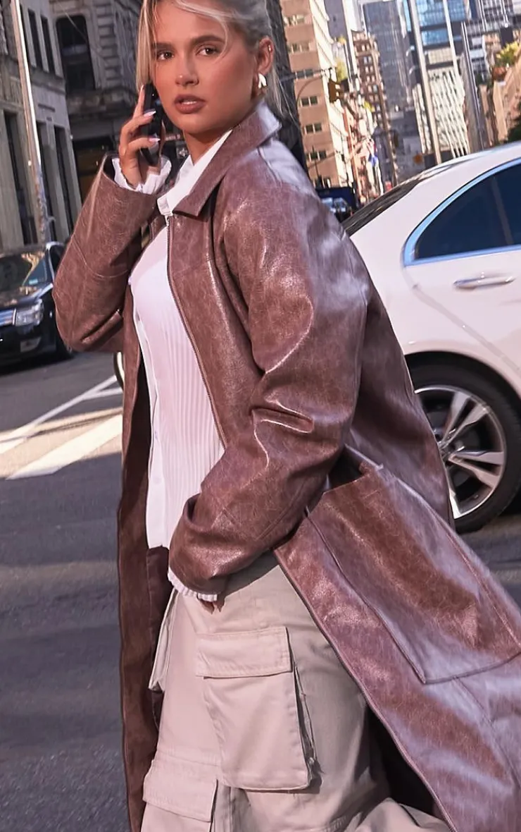 PrettyLittleThing Faux Leather Jackets*Grained Faux Leather Pocket Front Maxi Coat