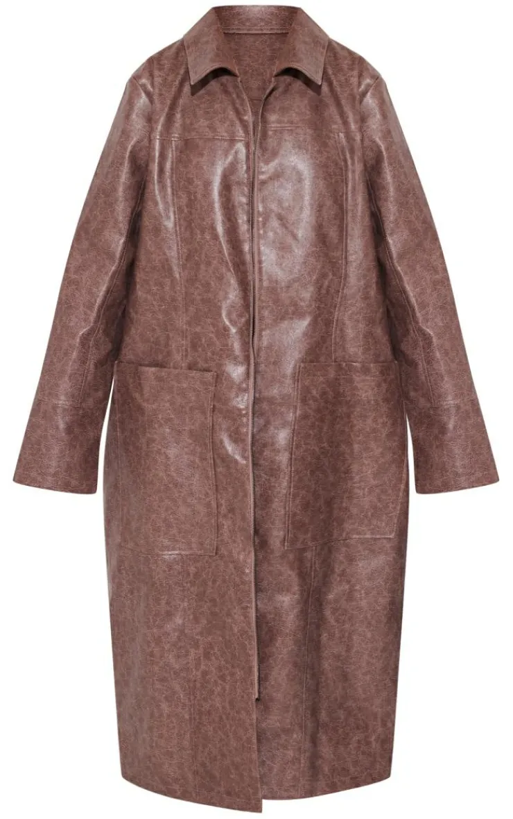 PrettyLittleThing Faux Leather Jackets*Grained Faux Leather Pocket Front Maxi Coat