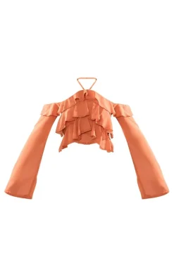 Halter Neck Ruffle Detail Bardot Sleeve Top-PrettyLittleThing Discount