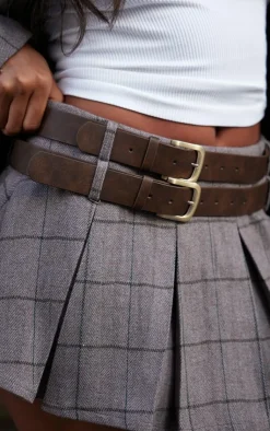 Clearance PrettyLittleThing Herringbone Belt Detail Mini Skirt Brown