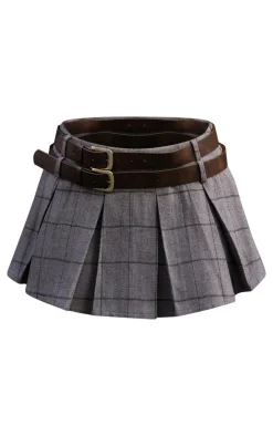Clearance PrettyLittleThing Herringbone Belt Detail Mini Skirt Brown