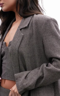 Outlet PrettyLittleThing Herringbone Oversized Woven Blazer Brown