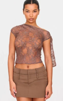 PrettyLittleThing Blouses*Lace Detail Tie Shoulder Asymmetric Long Top