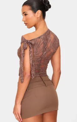 PrettyLittleThing Blouses*Lace Detail Tie Shoulder Asymmetric Long Top