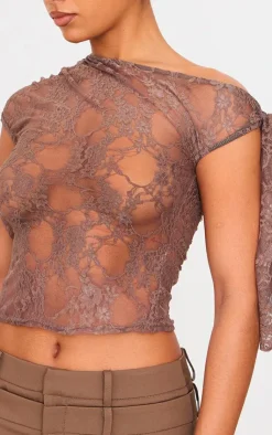 PrettyLittleThing Blouses*Lace Detail Tie Shoulder Asymmetric Long Top