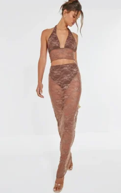 Clearance PrettyLittleThing Lace Sheer Maxi Skirt Brown