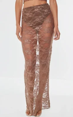 Clearance PrettyLittleThing Lace Sheer Maxi Skirt Brown