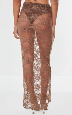 Clearance PrettyLittleThing Lace Sheer Maxi Skirt Brown
