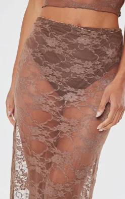 Clearance PrettyLittleThing Lace Sheer Maxi Skirt Brown