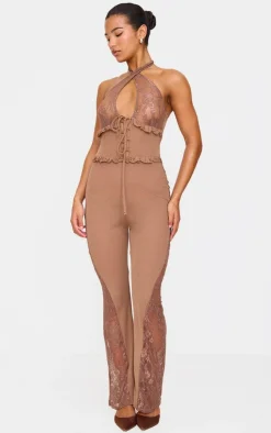 Lace Trim Mesh Halter Neck Sheer Jumpsuit-PrettyLittleThing Sale