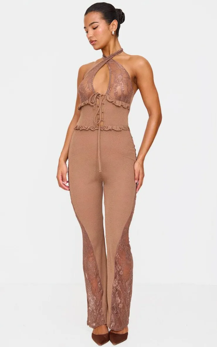 Lace Trim Mesh Halter Neck Sheer Jumpsuit-PrettyLittleThing Sale
