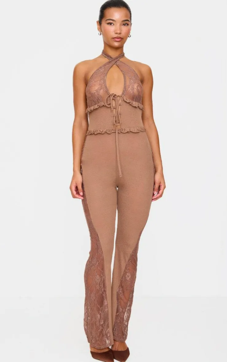 Lace Trim Mesh Halter Neck Sheer Jumpsuit-PrettyLittleThing Sale