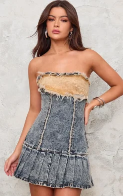 Layered Denim Pleated Mini Dress-PrettyLittleThing Sale