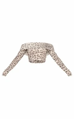 New PrettyLittleThing Leopard Burnout Fold Over Hem Bardot Top Brown