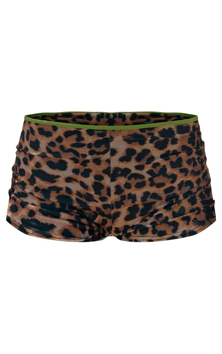Sale PrettyLittleThing Leopard Contrast Waistband Hot Pants Brown