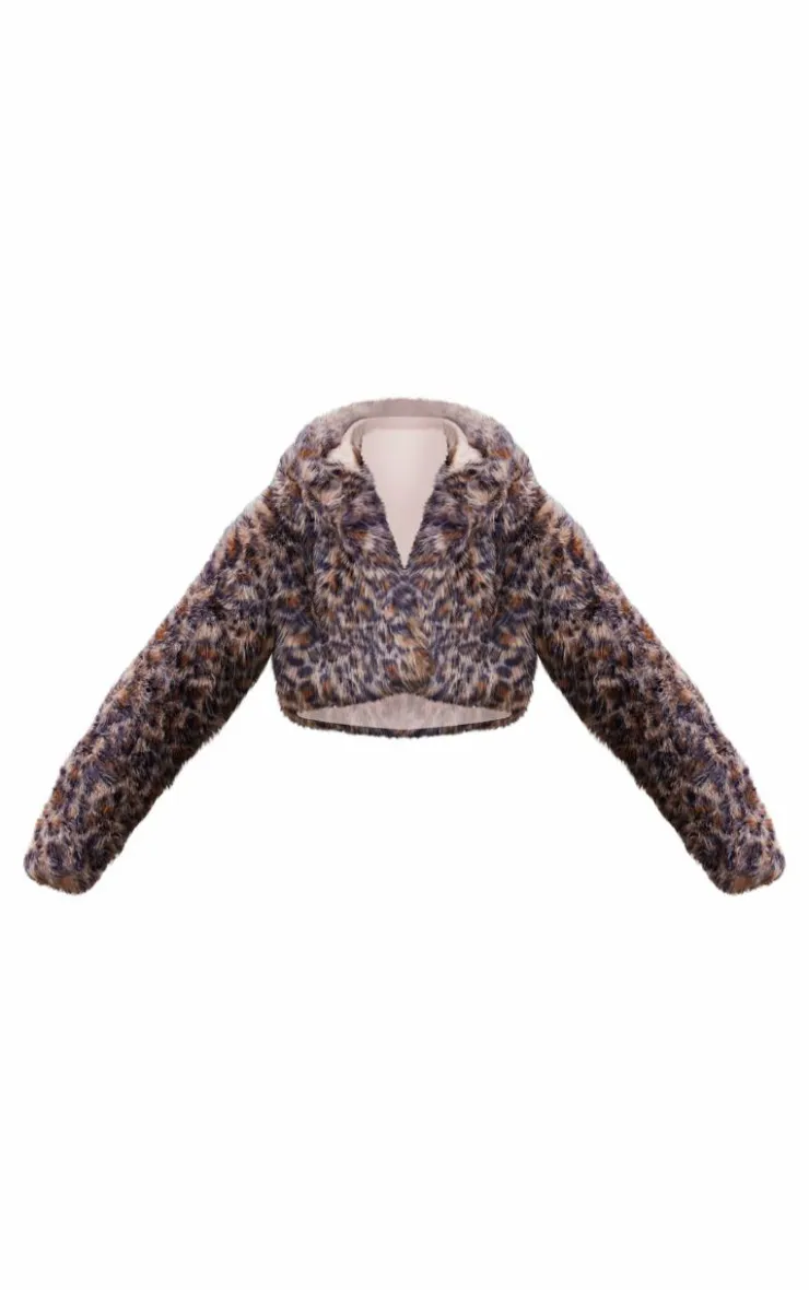 PrettyLittleThing Faux Fur Coats*Leopard Faux Fur Hooded Cropped Coat