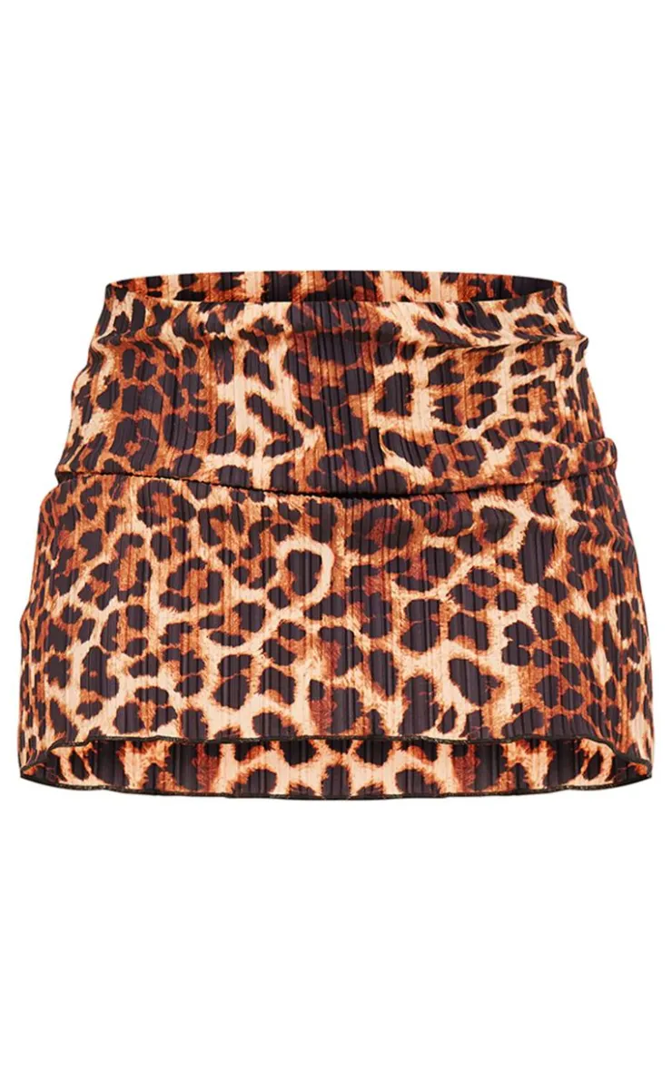 Online PrettyLittleThing Leopard Low Rise Plisse Micro Mini Skirt Brown