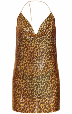 Leopard Print Chainmail Cowl Shift Dress-PrettyLittleThing Outlet
