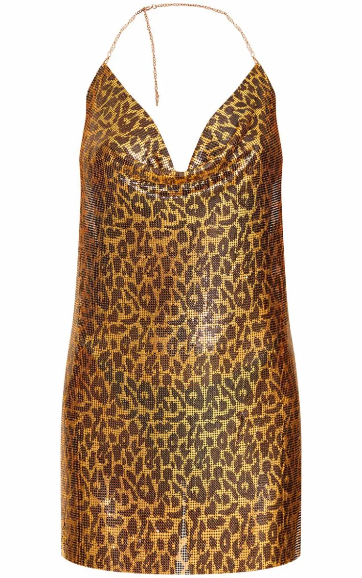 Leopard Print Chainmail Cowl Shift Dress-PrettyLittleThing Outlet