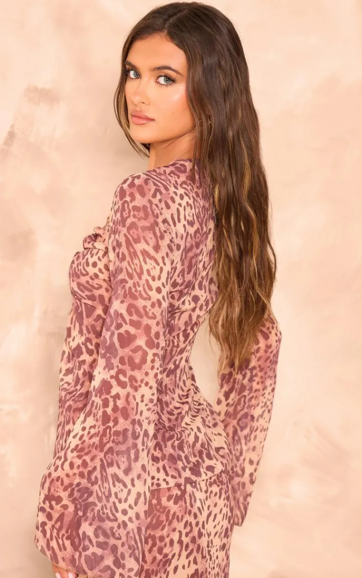Best PrettyLittleThing Leopard Print Chiffon Key Hole Front Tie Fluted Sleeve Top Brown