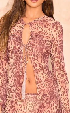 Best PrettyLittleThing Leopard Print Chiffon Key Hole Front Tie Fluted Sleeve Top Brown