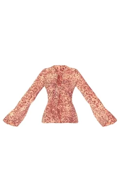 Best PrettyLittleThing Leopard Print Chiffon Key Hole Front Tie Fluted Sleeve Top Brown