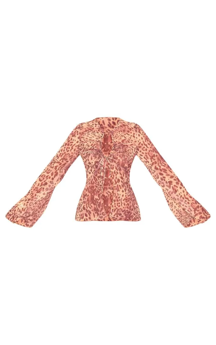 Best PrettyLittleThing Leopard Print Chiffon Key Hole Front Tie Fluted Sleeve Top Brown