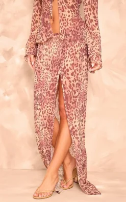 New PrettyLittleThing Leopard Print Chiffon Side Split Maxi Skirt Brown