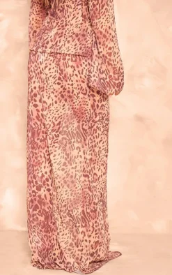 New PrettyLittleThing Leopard Print Chiffon Side Split Maxi Skirt Brown