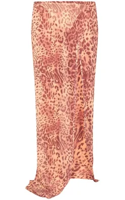 New PrettyLittleThing Leopard Print Chiffon Side Split Maxi Skirt Brown