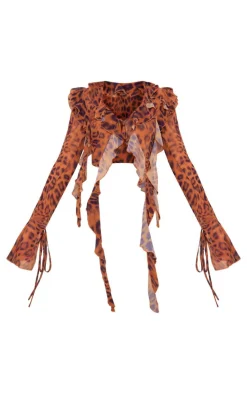 Best PrettyLittleThing Leopard Print Chiffon Frill Tie Split Sleeve Crop Top Brown
