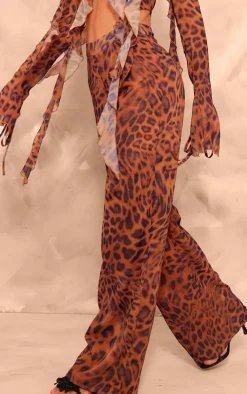 Hot PrettyLittleThing Leopard Print Chiffon Mid Rise Wide Leg Pants Brown