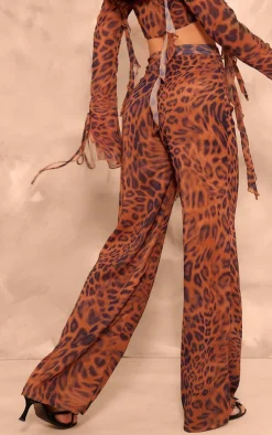Hot PrettyLittleThing Leopard Print Chiffon Mid Rise Wide Leg Pants Brown