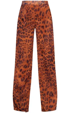 Hot PrettyLittleThing Leopard Print Chiffon Mid Rise Wide Leg Pants Brown