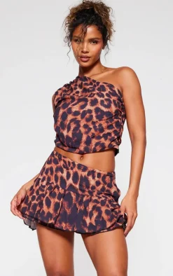 New PrettyLittleThing Leopard Print Chiffon One Shoulder Top Brown