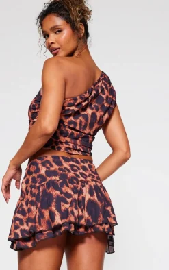 New PrettyLittleThing Leopard Print Chiffon One Shoulder Top Brown