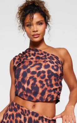 New PrettyLittleThing Leopard Print Chiffon One Shoulder Top Brown