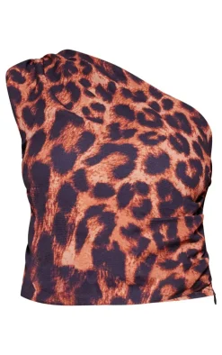 New PrettyLittleThing Leopard Print Chiffon One Shoulder Top Brown