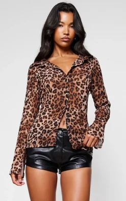 PrettyLittleThing Shirts*Leopard Print Chiffon Fitted Long Sleeve Shirt