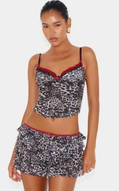 Online PrettyLittleThing Leopard Print Contrast Lace Rara Bloomer Shorts Brown