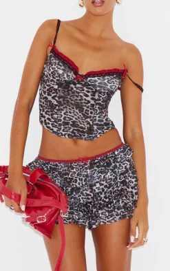 Online PrettyLittleThing Leopard Print Contrast Lace Rara Bloomer Shorts Brown