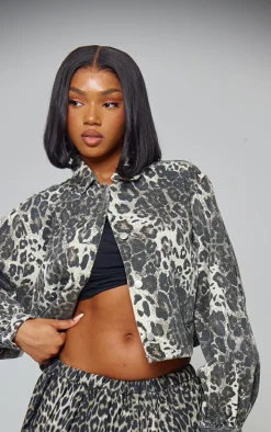 Brown Leopard Print Cropped Boxy Jacket