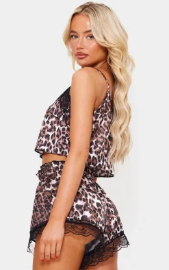 PrettyLittleThing Christmas Shop*Leopard Print Cropped Lace Trim Satin Cami And Short Pj Set